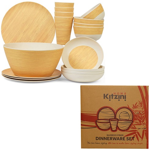 #0376 Kitzini Bamboo Dinnerware 17pc Set w/Salad Bowl, 4ea Plates, Dessert Plates, Bowls, Cups