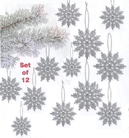 #3700 Silver Snowflake Glitter Ornaments Set of 12